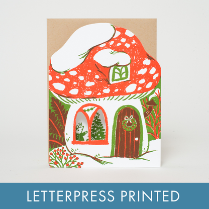 Merry Mushroom House Letterpress Holiday Greeting Card by Phoebe Wahl: Plastic sleeve