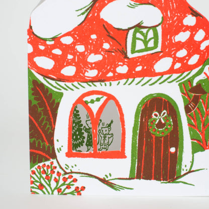 Merry Mushroom House Letterpress Holiday Greeting Card by Phoebe Wahl: Plastic sleeve